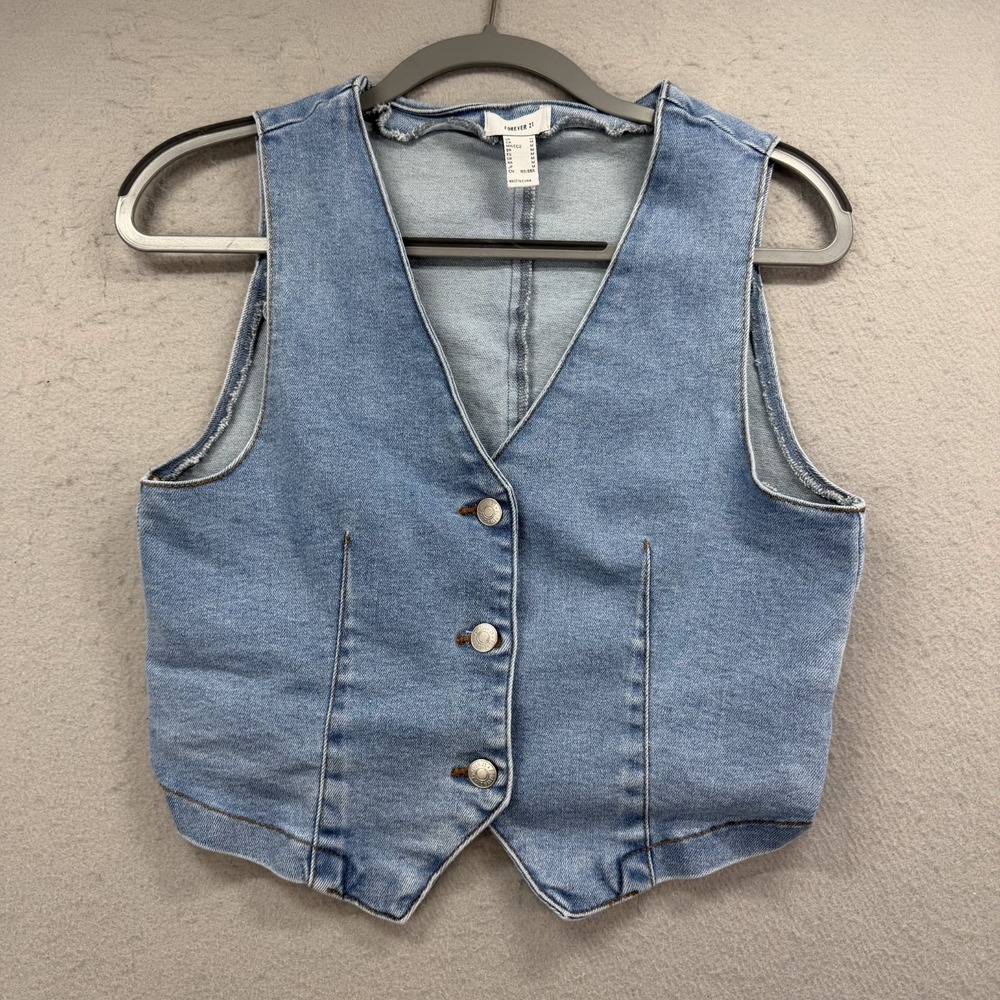 Forever 21 Vest Womens Medium Light Blue Denim Cropped Button Up Waistcoat Y2K